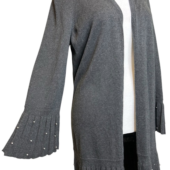 Chico's Cardigan Sweater Duster Faux Pearl MED Pleated Mid-Length Gray - Picture 2 of 9